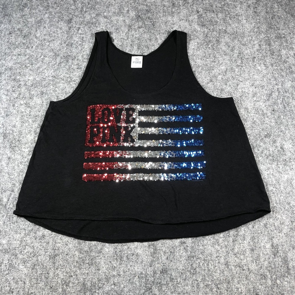 Victoria's Secret PINK Tank Top Womens Small Black Sequin Love Pink Flag Shirt‎